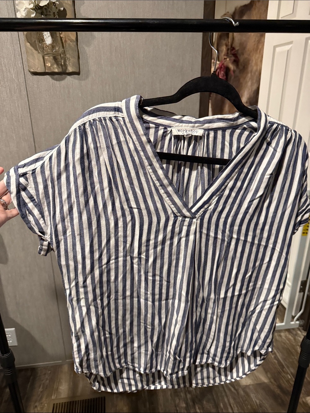 Workshop Republic Clothing Navy & White Vertical Stripe V-Neck Blouse